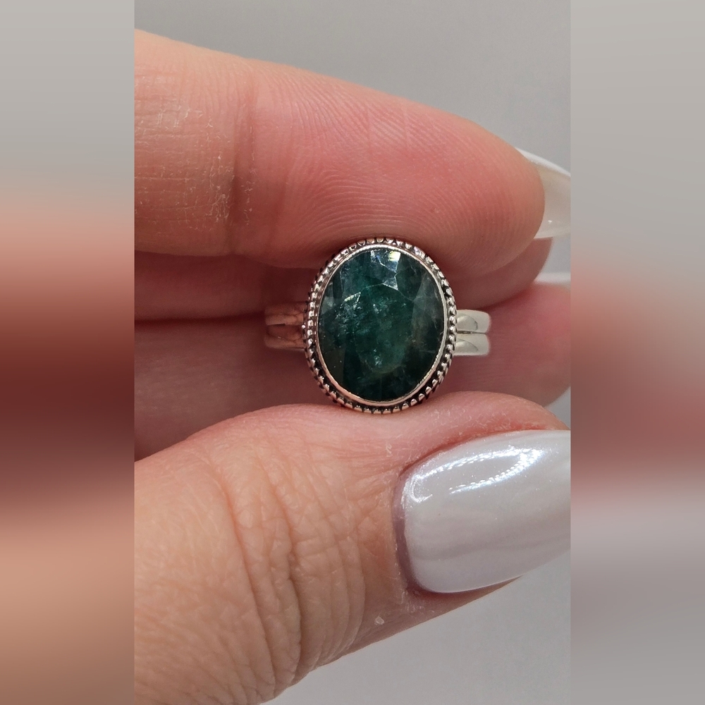 Beautiful Sterling Silver and Faceted Natural Raw Emerald Ring
